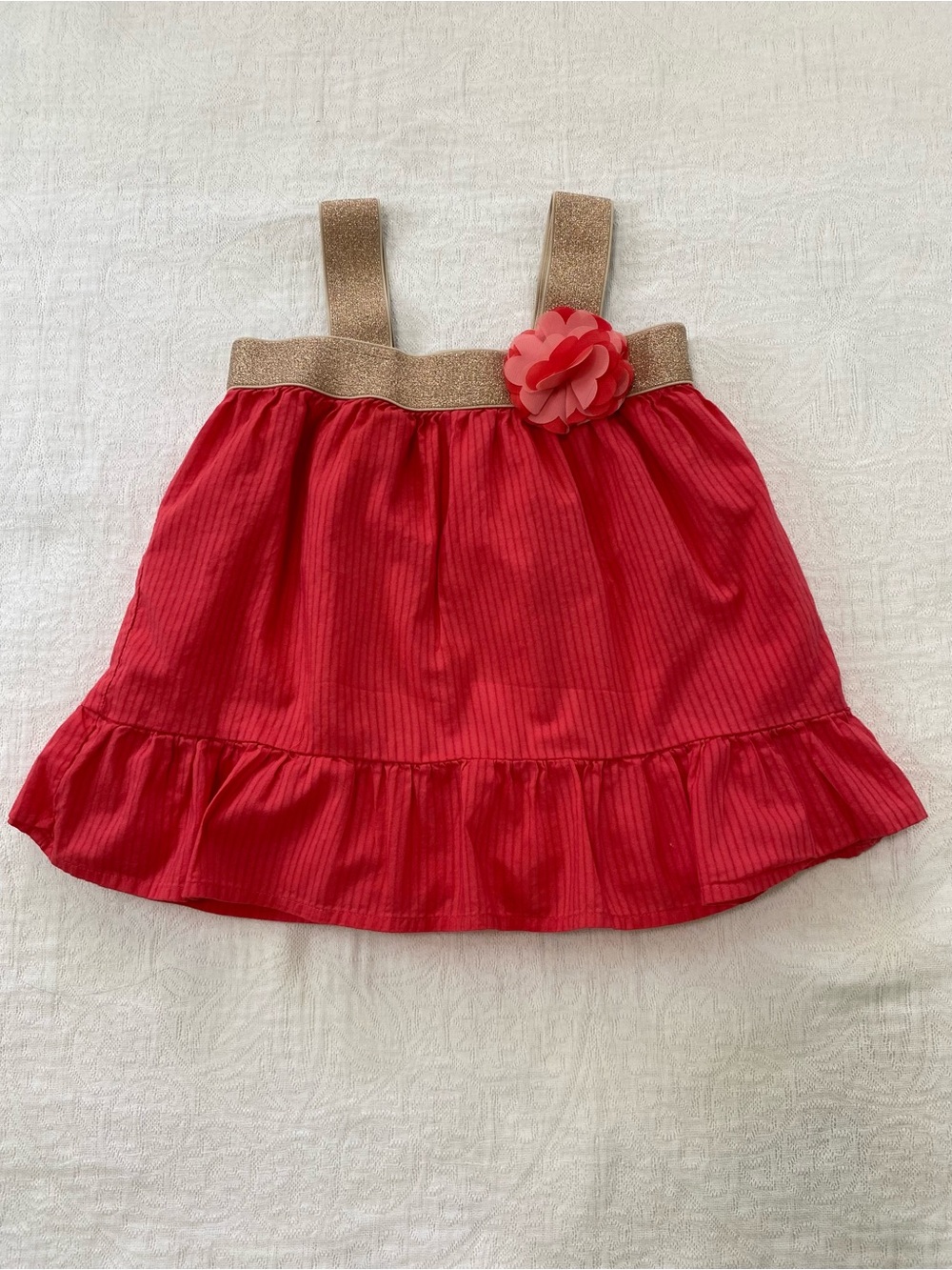 Gymboree Girls Sz 5 Coral  Cotton Tank Top Gold Glitter Elastic Ruffle Hem